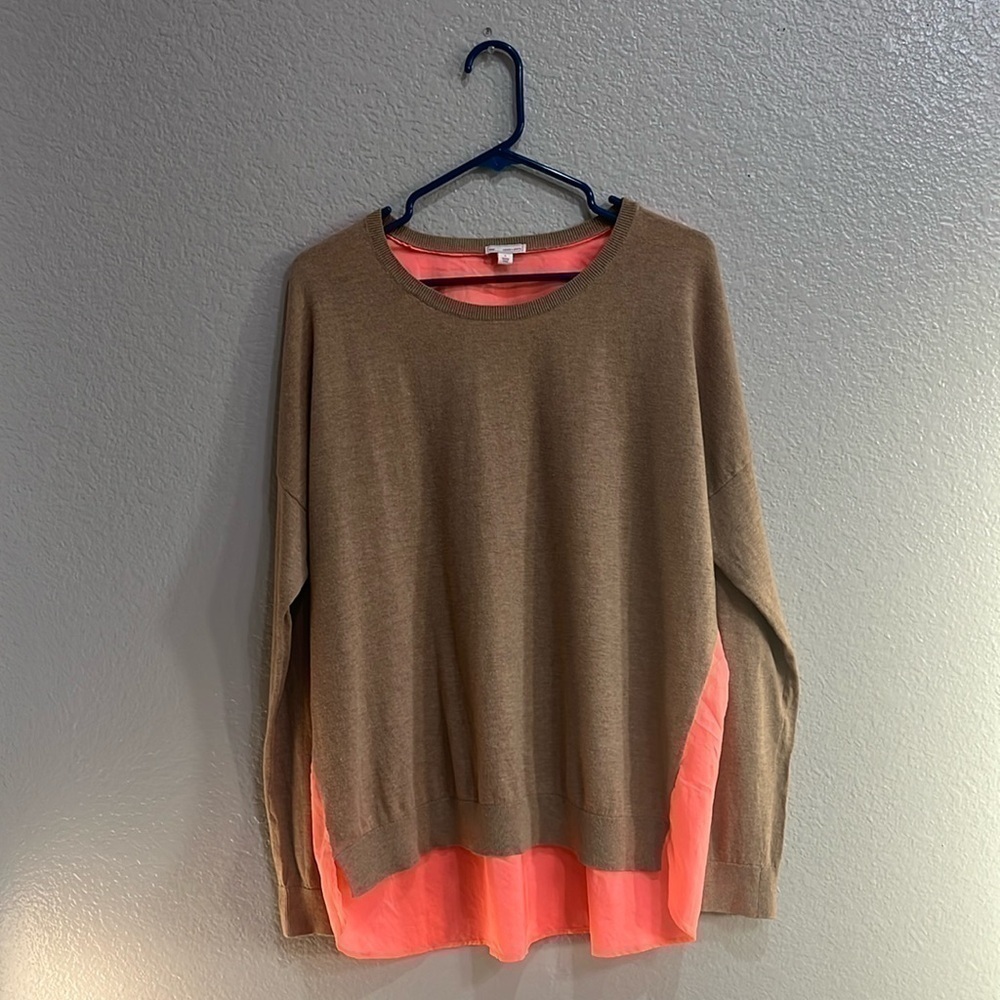 Gap Designed & Crafted Women's Sweater Tan Hot Pink Sz L Long Sleeve Pullover